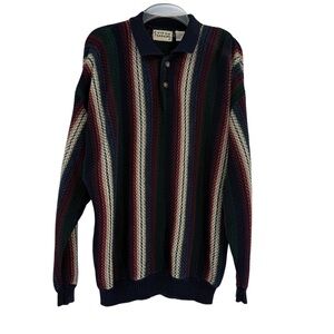 Cotton traders 3D Knit Grandpa Sweater Mens Size L Blue Gold Y2K Vintage